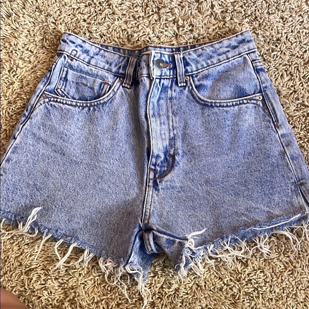 Zara Blue Jean Shorts High-Waisted Frayed Hem